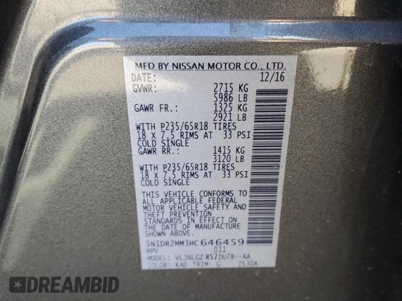 2017 Nissan Pathfinder SL with VIN 5N1DR2MM3HC646459, listed as a Copart auction lot 50371155 with 72,420 mi miles and Salvage Title. Bid and sale history available at DreamBid. Image 12.