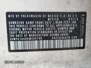 2019 Volkswagen Golf S z VIN 3VWY57AU0KM509758, wystawiony jako Copart lot #55099405 z przebiegiem 112 119 mil mil oraz Szkoda całkowita • Salvage title. Historia ofert i sprzedaży dostępna na DreamBid. Obrazek 14.