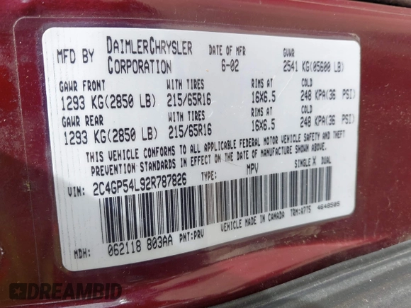 2002 Chrysler Town & Country LXi with VIN 2C4GP54L92R787826, listed as a IAAI auction lot 42079820 with 231,390 mi miles. Bid and sale history available at carsss.com. Image 9.