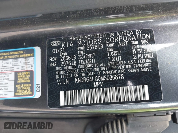 2021 Kia Sorento S with VIN KNDRG4LG0M5036878, listed as a IAAI auction lot 42544031 with 62,059 mi miles and . Bid and sale history available at DreamBid. Image 9.