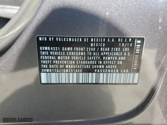2016 Volkswagen Jetta Sedan 1.8T Sport with VIN 3VWD17AJ1GM251449, listed as a Copart auction lot 50298165 with 60,754 mi miles and Salvage Title. Bid and sale history available at carsss.com. Image 12.