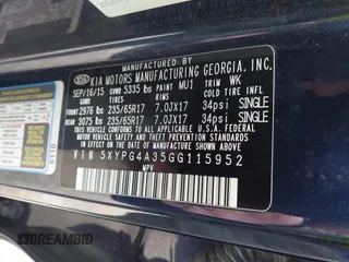 2016 Kia Sorento LX with VIN 5XYPG4A35GG115952, listed as a IAAI auction lot 41868467 with 96,000 mi miles. Bid and sale history available at carsss.com. Image 9.