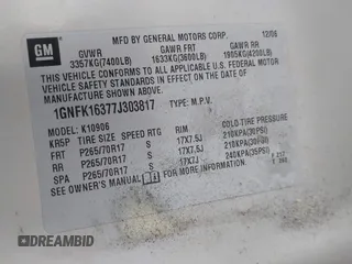 2007 Chevrolet Suburban LT с VIN 1GNFK16377J303817, выставлен на аукционе IAAI как лот 42226025 с пробегом 233 167 миль миль и . История ставок и продаж доступна на DreamBid. Изображение 9.