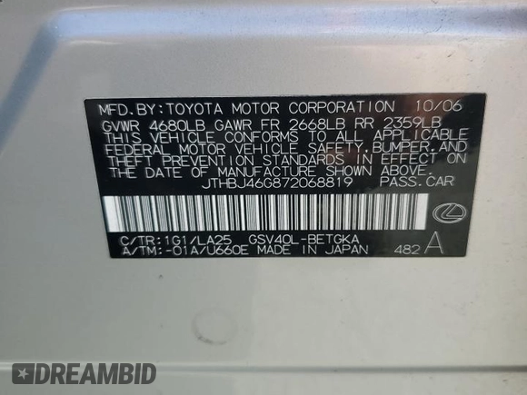2007 Lexus ES 330 with VIN JTHBJ46G872068819, listed as a Copart auction lot 54171435 with 100,003 mi miles and Salvage Title. Bid and sale history available at DreamBid. Image 12.