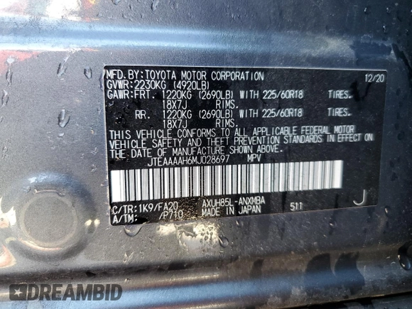 2021 Toyota Venza LE with VIN JTEAAAAH6MJ028697, listed as a Copart auction lot 49317945 with 44,138 mi miles and Salvage Title. Bid and sale history available at DreamBid. Image 14.