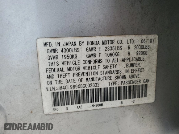 2008 Acura TSX Nav with VIN JH4CL969X8C002832, listed as a Copart auction lot 44171475 with 192,012 mi miles and Salvage Title. Bid and sale history available at carsss.com. Image 12.