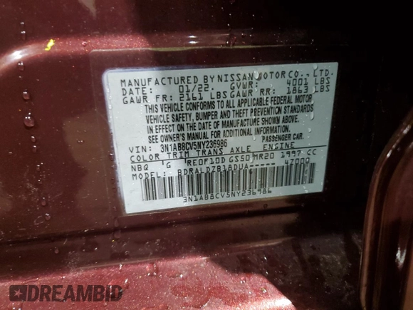 2022 Nissan Sentra SV with VIN 3N1AB8CV5NY236986, listed as a Copart auction lot 44025115 with 10,089 mi miles and Salvage Title. Bid and sale history available at carsss.com. Image 13.