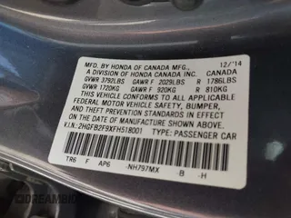2015 Honda Civic EX-L with VIN 2HGFB2F9XFH518001, listed as a IAAI auction lot 42065254 with 110,202 mi miles and . Bid and sale history available at DreamBid. Image 9.