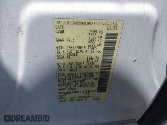 2013 Nissan Frontier SL with VIN 1N6AD0ER3DN734847, listed as a IAAI auction lot 42315412 with 114,471 mi miles and . Bid and sale history available at DreamBid. Image 9.