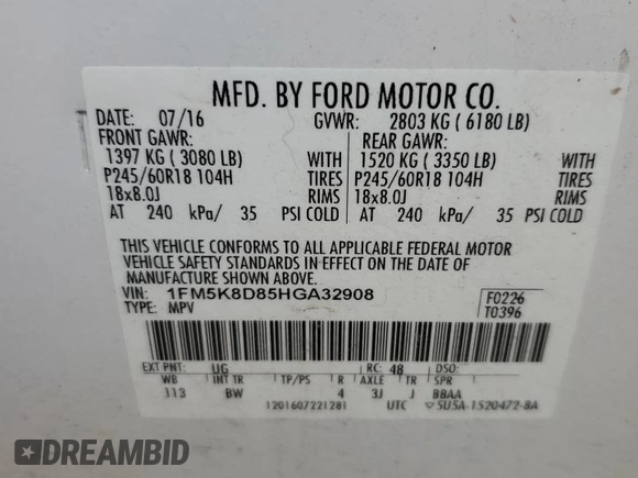 2017 Ford Explorer XLT z VIN 1FM5K8D85HGA32908, wystawiony jako Copart lot #62463115 z przebiegiem 172 334 mil mil oraz Czysty tytuł • Clean title. Historia ofert i sprzedaży dostępna na DreamBid. Obrazek 13.