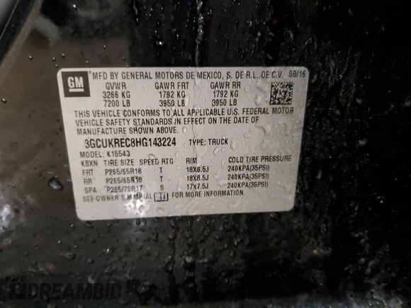 2017 Chevrolet Silverado 1500 LT with VIN 3GCUKREC8HG143224, listed as a Copart auction lot 87178744 with 136,297 mi miles and Salvage Title. Bid and sale history available at DreamBid. Image 12.