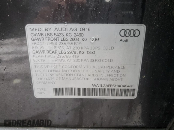 2017 Audi Q5 Premium Plus z VIN WA1L2AFP5HA048403, wystawiony jako Copart lot #55428765 z przebiegiem 93 633 mil mil oraz Szkoda całkowita • Salvage title. Historia ofert i sprzedaży dostępna na DreamBid. Obrazek 13.