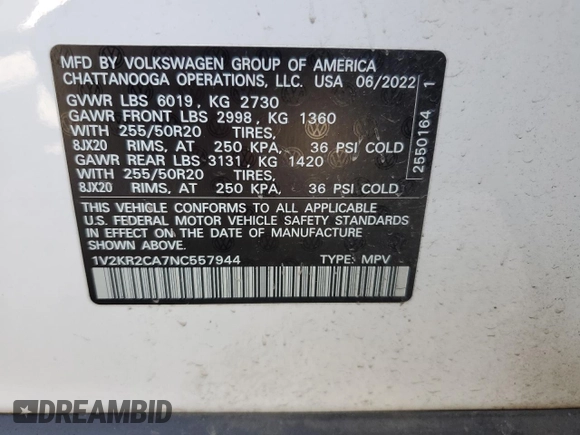 2022 Volkswagen Atlas 3.6L V6 SE w/Technology with VIN 1V2KR2CA7NC557944, listed as a Copart auction lot 53145015 with 77,422 mi miles and Salvage Title. Bid and sale history available at carsss.com. Image 13.