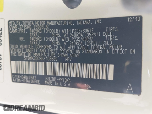 2011 Toyota Sienna XLE AAS with VIN 5TDYK3DC8BS108689, listed as a IAAI auction lot 42308965 with 179,524 mi miles and . Bid and sale history available at DreamBid. Image 9.