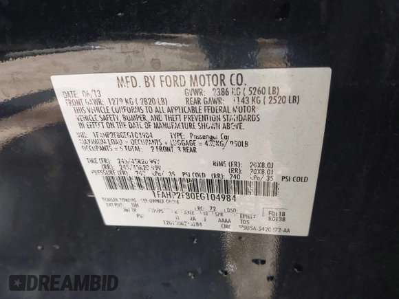 2014 Ford Taurus Limited with VIN 1FAHP2F80EG104984, listed as a IAAI auction lot 41910463 with 174,034 mi miles. Bid and sale history available at carsss.com. Image 9.