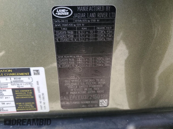 2023 Land Rover Defender SE z VIN SALEPEEU3P2150198, wystawiony jako Copart lot #41536815 z przebiegiem 27 030 mil mil oraz Szkoda całkowita • Salvage title. Historia ofert i sprzedaży dostępna na DreamBid. Obrazek 15.