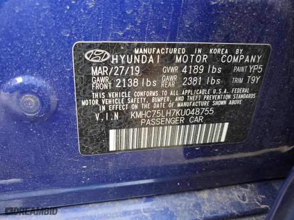 2019 Hyundai Ioniq Electric with VIN KMHC75LH7KU048755, listed as a Copart auction lot 52579414 with 42,312 mi miles and Salvage Title. Bid and sale history available at carsss.com. Image 13.