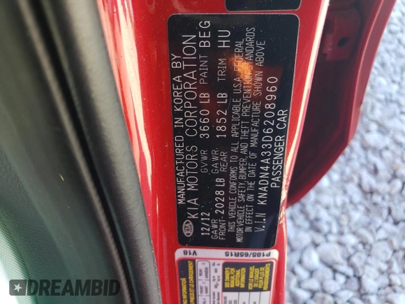 2013 Kia Rio SX with VIN KNADN4A33D6208960, listed as a Copart auction lot 45400445 with 159,617 mi miles and Salvage Title. Bid and sale history available at carsss.com. Image 12.