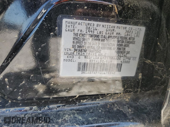 2016 Nissan Sentra SR with VIN 3N1AB7AP7GL675542, listed as a Copart auction lot 52173275 with 87,494 mi miles and Salvage Title. Bid and sale history available at DreamBid. Image 13.