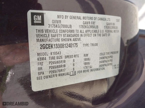 2008 Chevrolet Silverado 1500 LTZ with VIN 2GCEK133081240175, listed as a IAAI auction lot 42024317 with 214,559 mi miles. Bid and sale history available at carsss.com. Image 9.