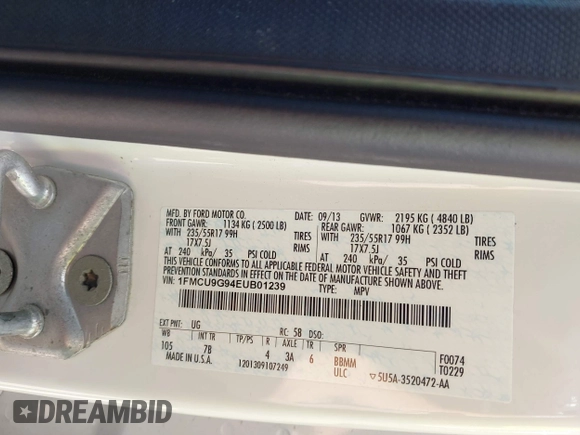 2014 Ford Escape SE with VIN 1FMCU9G94EUB01239, listed as a IAAI auction lot 42628460 with 122,032 mi miles and . Bid and sale history available at DreamBid. Image 9.
