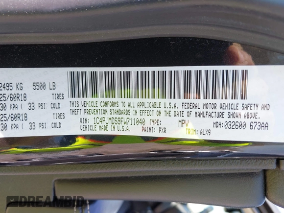 2015 Jeep Cherokee Limited with VIN 1C4PJMDS9FW711040, listed as a IAAI auction lot 41904050 with 137,742 mi miles. Bid and sale history available at carsss.com. Image 9.