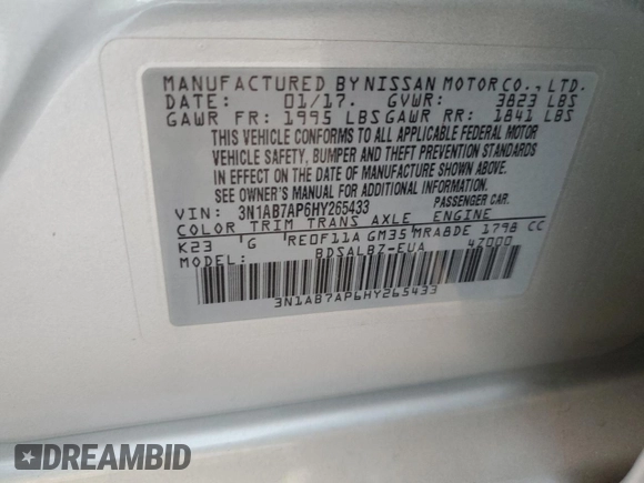 2017 Nissan Sentra S with VIN 3N1AB7AP6HY265433, listed as a Copart auction lot 59423425 with 86,718 mi miles and Salvage title. Bid and sale history available at DreamBid. Image 12.