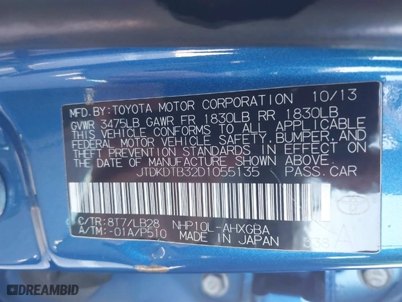 2013 Toyota Prius c One with VIN JTDKDTB32D1055135, listed as a IAAI auction lot 41889844 with 98,220 mi miles. Bid and sale history available at carsss.com. Image 9.