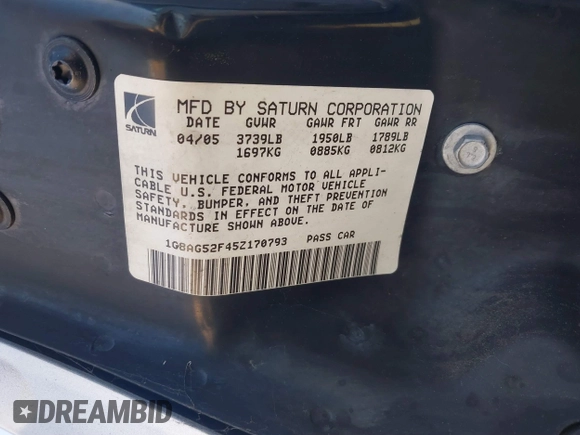 2005 Saturn ION ION 1 z VIN 1G8AG52F45Z170793, wystawiony jako IAAI lot #41637625 z przebiegiem 72 475 mil mil oraz . Historia ofert i sprzedaży dostępna na DreamBid. Obrazek 9.
