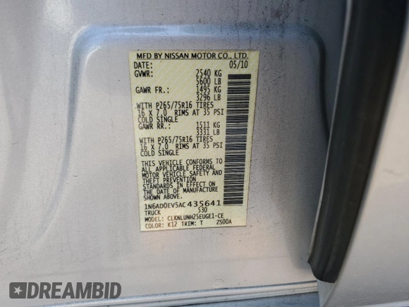 2010 Nissan Frontier Pro-4X with VIN 1N6AD0EV5AC435641, listed as a Copart auction lot 63388025 with 84,349 mi miles and Salvage title. Bid and sale history available at DreamBid. Image 12.