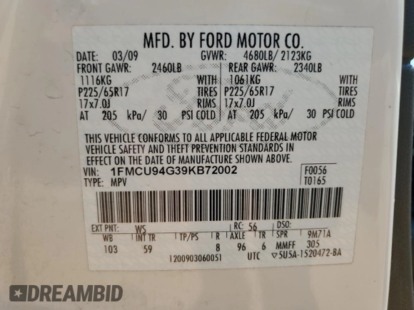 2009 Ford Escape Limited with VIN 1FMCU94G39KB72002, listed as a Copart auction lot 57920435 with 279,016 mi miles and Salvage title. Bid and sale history available at DreamBid. Image 13.