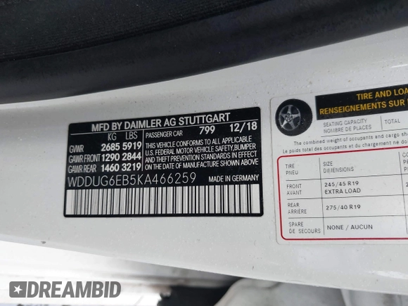 2019 Mercedes-Benz S 450 z VIN WDDUG6EB5KA466259, wystawiony jako IAAI lot #41187193 z przebiegiem Nie podano mil oraz . Historia ofert i sprzedaży dostępna na DreamBid. Obrazek 9.