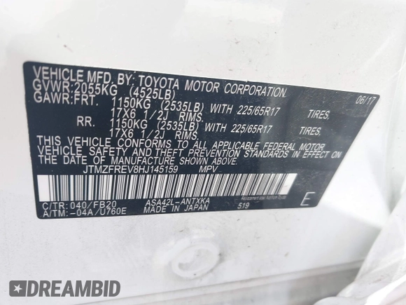 2017 Toyota RAV4 LE with VIN JTMZFREV8HJ145159, listed as a IAAI auction lot 42078884 with 103,425 mi miles and . Bid and sale history available at carsss.com. Image 9.