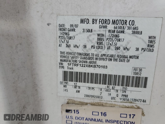 2008 Ford F-150 XL with VIN 1FTRF122X8KB70103, listed as a Copart auction lot 46054985 with 183,598 mi miles and Clean title. Bid and sale history available at DreamBid. Image 12.