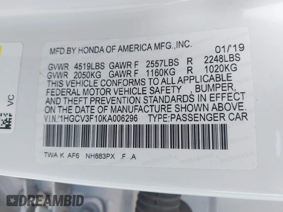 2019 Honda Accord with VIN 1HGCV3F10KA006296, listed as a IAAI auction lot 42768771 with 79,467 mi miles and . Bid and sale history available at DreamBid. Image 9.