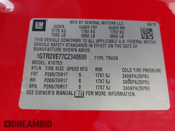 2012 GMC Sierra 1500 SLE z VIN 1GTR2VE77CZ340699, wystawiony jako IAAI lot #42067892 z przebiegiem 186 143 mil mil oraz . Historia ofert i sprzedaży dostępna na DreamBid. Obrazek 9.