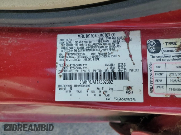 2012 Ford Fusion SEL с VIN 3FAHP0JA1CR302302, выставлен на аукционе Copart как лот 62183245 с пробегом 106 182 миль миль и Чистый • Clean title. История ставок и продаж доступна на DreamBid. Изображение 12.