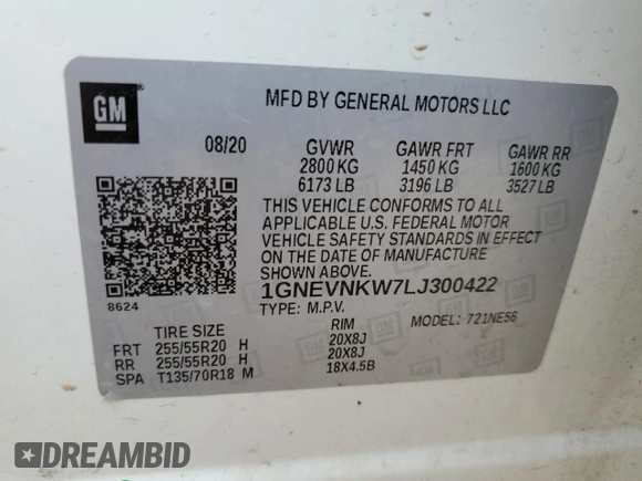 2020 Chevrolet Traverse High Country with VIN 1GNEVNKW7LJ300422, listed as a Copart auction lot 76135134 with 88,320 mi miles and Salvage Title. Bid and sale history available at carsss.com. Image 16.