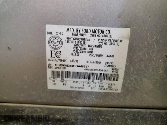 2016 Ford Explorer XLT with VIN 1FM5K8D84GGA48547, listed as a Copart auction lot 51510125 with Not Provided miles and Clean Title. Bid and sale history available at carsss.com. Image 15.