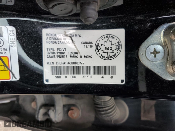 2011 Honda Civic LX-S z VIN 2HGFA1F65BH003775, wystawiony jako Copart lot #56134845 z przebiegiem Nie podano mil oraz Szkoda całkowita • Salvage title. Historia ofert i sprzedaży dostępna na DreamBid. Obrazek 12.