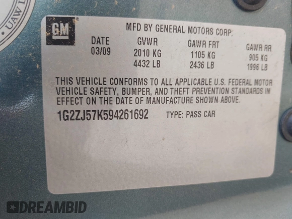 2009 Pontiac G6 1SB with VIN 1G2ZJ57K594261692, listed as a IAAI auction lot 42802373 with 200,469 mi miles and . Bid and sale history available at DreamBid. Image 9.