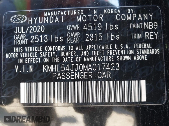 2021 Hyundai Sonata Hybrid Limited with VIN KMHL54JJ0MA017423, listed as a IAAI auction lot 41637455 with 39,555 mi miles. Bid and sale history available at carsss.com. Image 9.