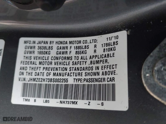 2011 Honda Insight EX with VIN JHMZE2H73BS002255, listed as a IAAI auction lot 41756002 with 145,289 mi miles. Bid and sale history available at carsss.com. Image 9.