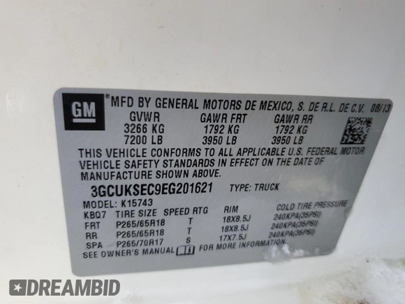 2014 Chevrolet Silverado 1500 LTZ with VIN 3GCUKSEC9EG201621, listed as a Copart auction lot 40653494 with 239,220 mi miles and Salvage Title. Bid and sale history available at DreamBid. Image 12.