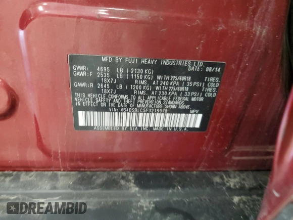 2015 Subaru Outback Limited with VIN 4S4BSBLC5F3219978, listed as a Copart auction lot 55256945 with 212,289 mi miles and Non Repairable. Bid and sale history available at DreamBid. Image 12.