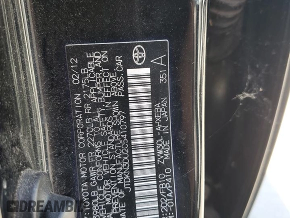 2012 Toyota Prius One z VIN JTDKN3DU2C5410797, wystawiony jako Copart lot #59929345 z przebiegiem 269 486 mil mil oraz Szkoda całkowita • Salvage title. Historia ofert i sprzedaży dostępna na DreamBid. Obrazek 13.