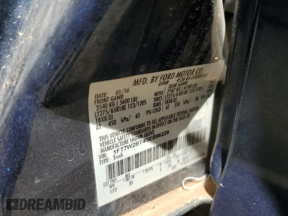 2016 Ford F-250 Lariat with VIN 1FT7W2BT4GEB96229, listed as a Copart auction lot 54867705 with 96,232 mi miles and Salvage title. Bid and sale history available at DreamBid. Image 12.