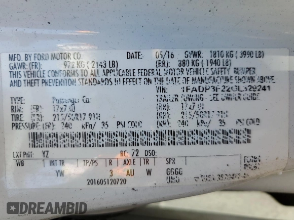 2016 Ford Focus SE with VIN 1FADP3F22GL329241, listed as a Copart auction lot 58095135 with 105,079 mi miles and Salvage title. Bid and sale history available at DreamBid. Image 13.
