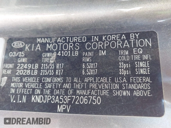 2015 Kia Soul + with VIN KNDJP3A53F7206750, listed as a IAAI auction lot 42175012 with 113,852 mi miles and . Bid and sale history available at DreamBid. Image 9.