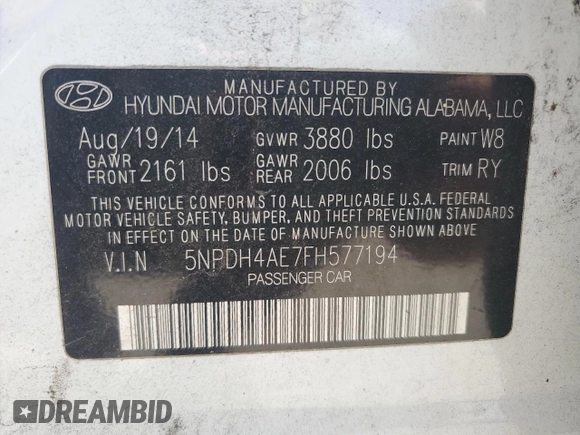 2015 Hyundai Elantra SE with VIN 5NPDH4AE7FH577194, listed as a Copart auction lot 65594265 with 180,170 mi miles and Non repairable. Bid and sale history available at DreamBid. Image 12.